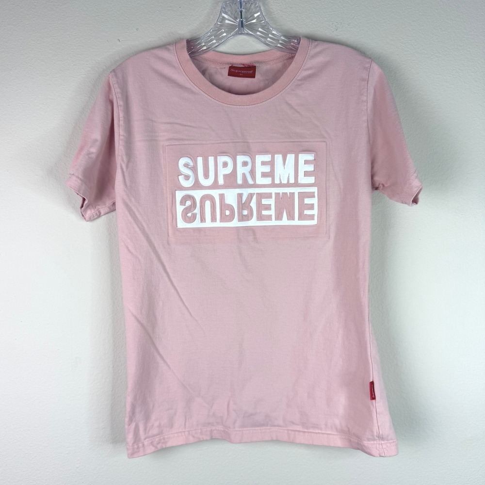 Supreme T-Shirt Womens Small Pink Mirrored Logo Graphic Short Sleeve Cotton Tee